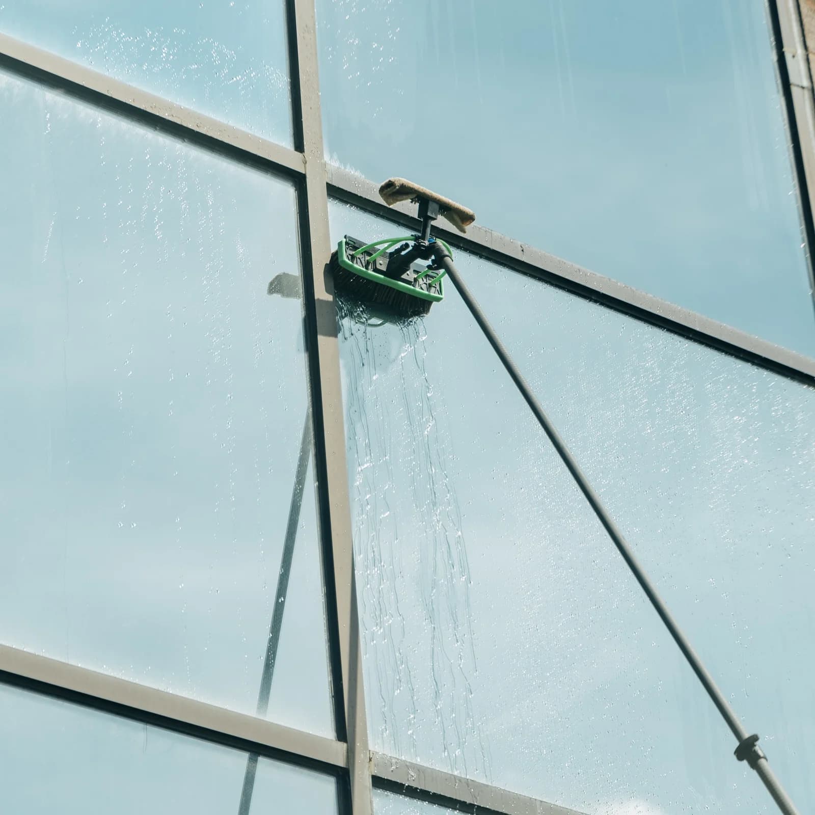 Close-up of a water-fed brush head cleaning a commercial window pane