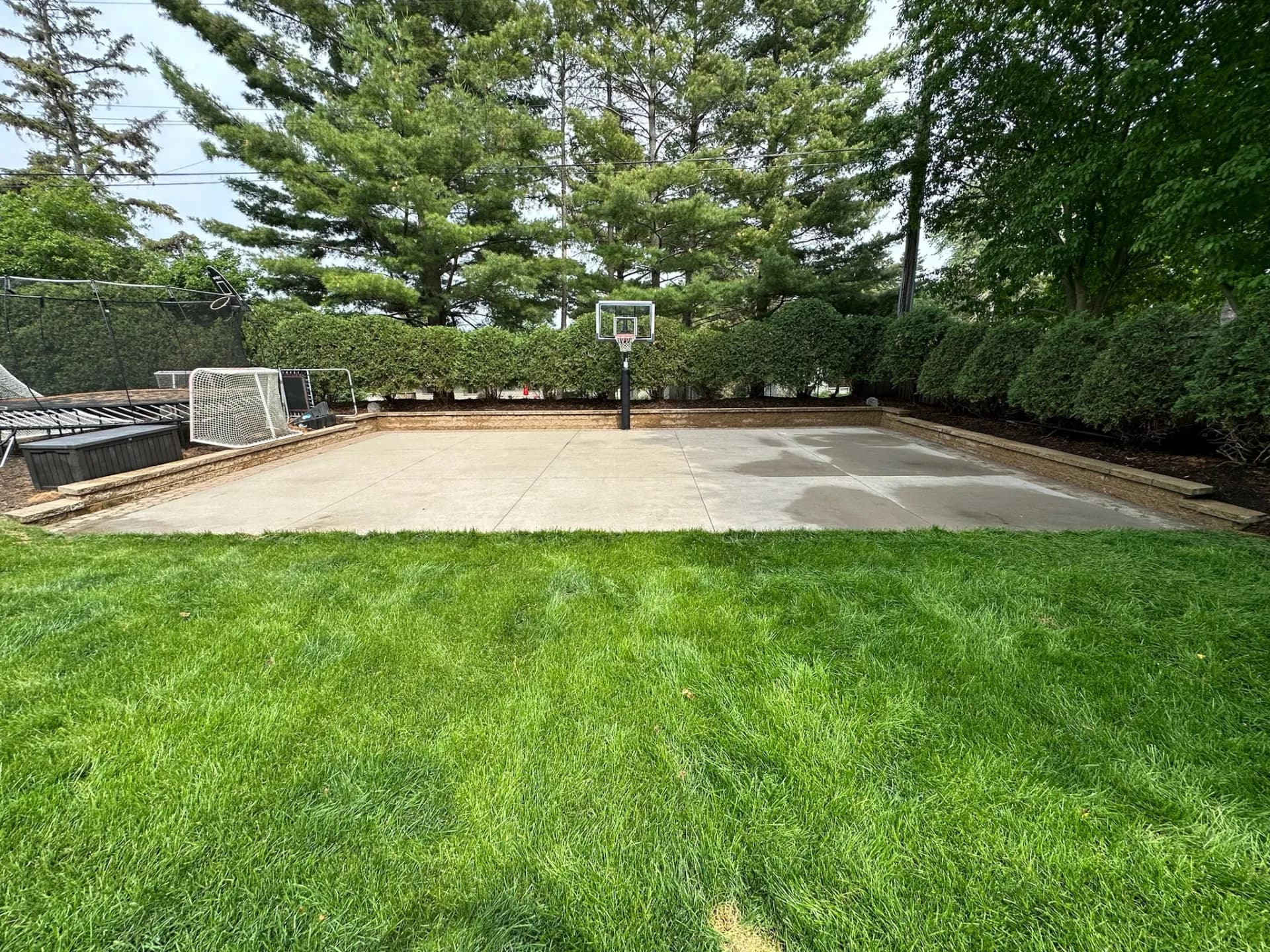Backyard court and lawn after pressure washing — clean result